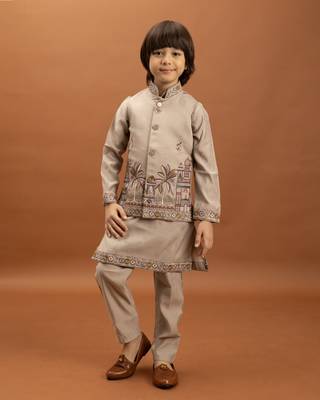 beige viscose silk embroidered boys kurta set with jacket & pant 1