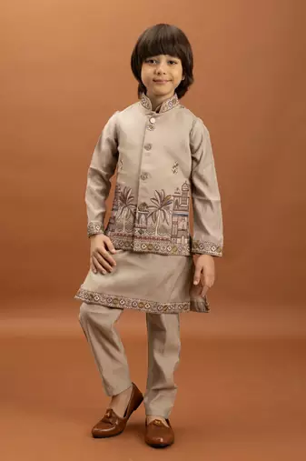 Beige viscose silk nehru jacket set with sequins embroidered work