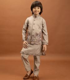 beige viscose silk embroidered boys kurta set with jacket & pant