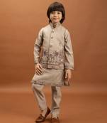beige viscose silk embroidered boys kurta set with jacket & pant