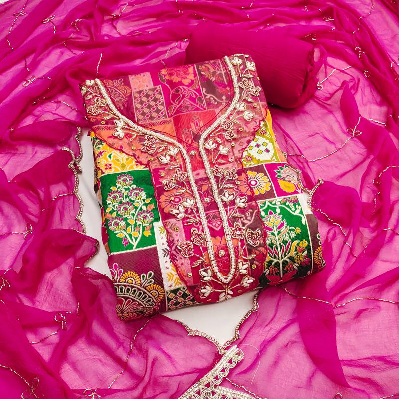 pink print handwork viscose banarasi dress material