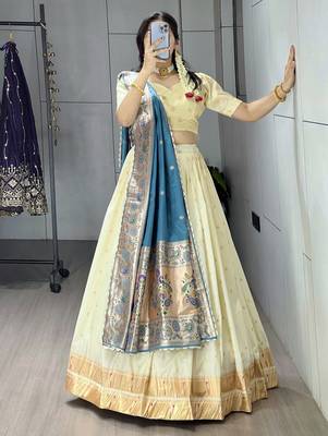 rama green paithani silk lehenga with zari weaving work 2