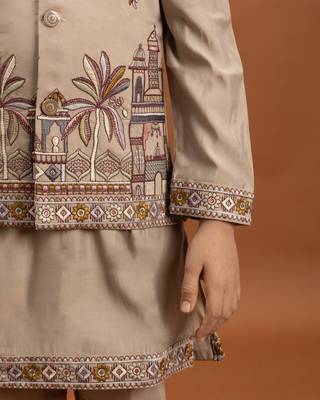beige viscose silk embroidered boys kurta set with jacket & pant 2