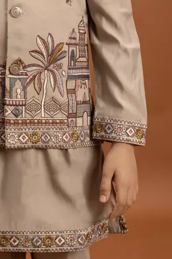 beige viscose silk embroidered boys kurta set with jacket & pant