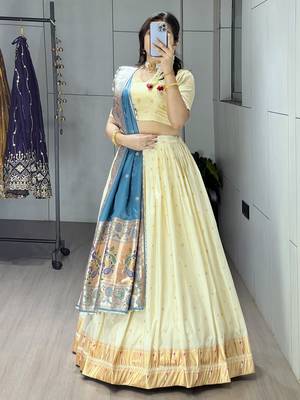rama green paithani silk lehenga with zari weaving work 3