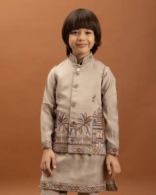 beige viscose silk embroidered boys kurta set with jacket & pant 3