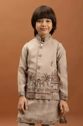 beige viscose silk embroidered boys kurta set with jacket & pant