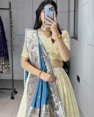 rama green paithani silk lehenga with zari weaving work 4
