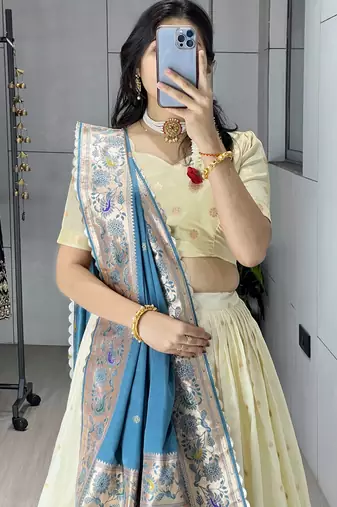 rama green paithani silk lehenga with zari weaving work