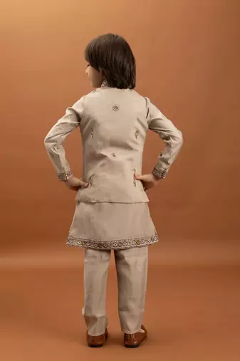 beige viscose silk embroidered boys kurta set with jacket & pant