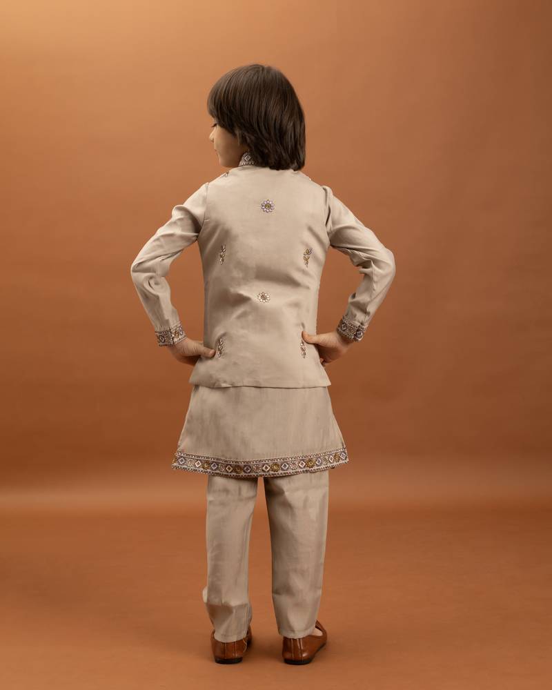 beige viscose silk embroidered boys kurta set with jacket & pant