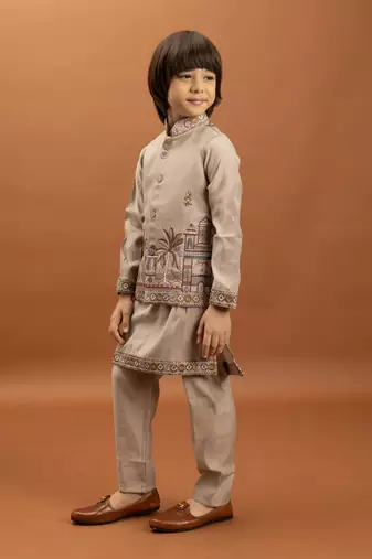 beige viscose silk embroidered boys kurta set with jacket & pant