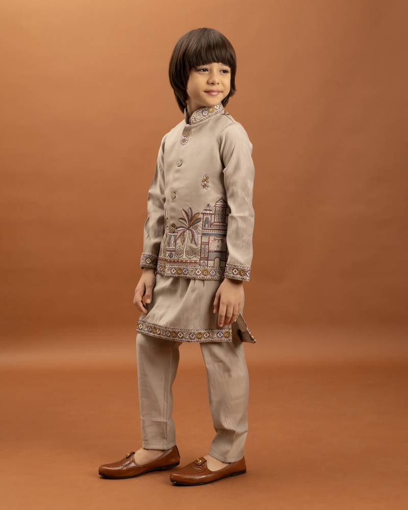 beige viscose silk embroidered boys kurta set with jacket & pant