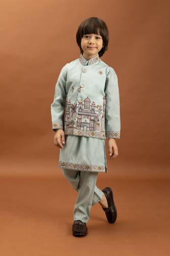 sky blue viscose silk embroidered boys kurta set with jacket & pant