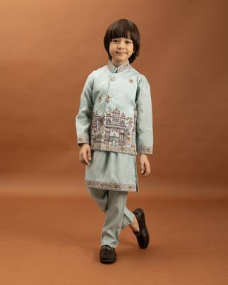 sky blue viscose silk embroidered boys kurta set with jacket & pant 1