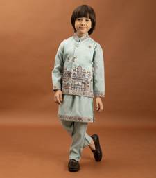 sky blue viscose silk embroidered boys kurta set with jacket & pant