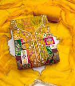 designer yellow viscose banarasi print handwork dress material