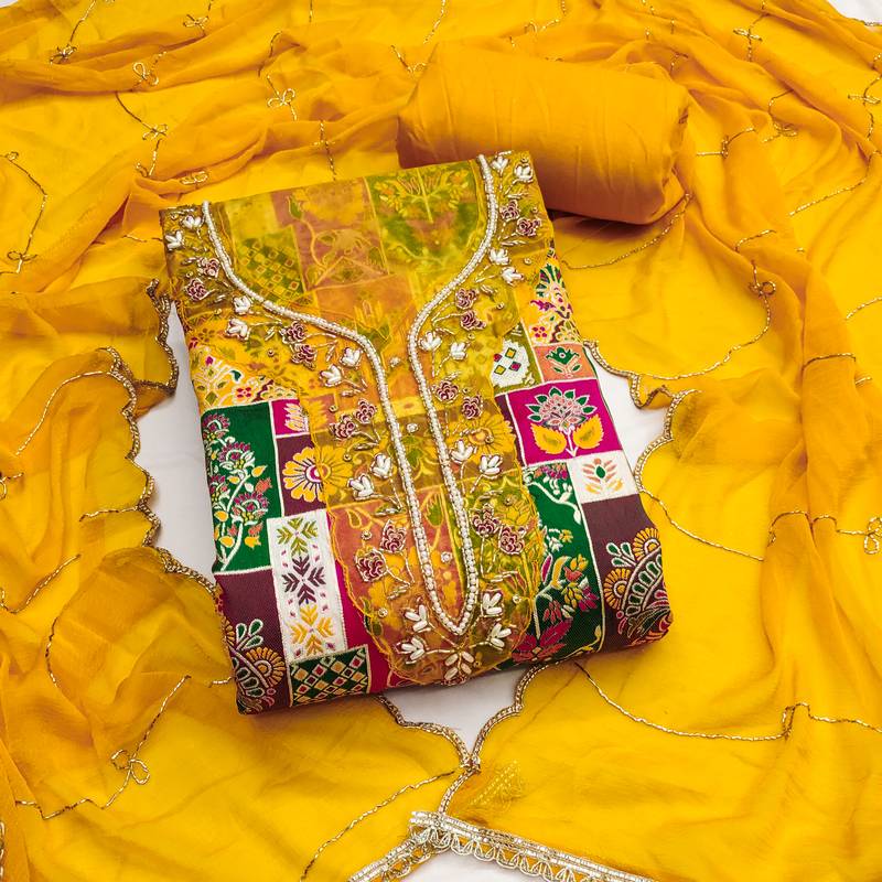 designer yellow viscose banarasi print handwork dress material