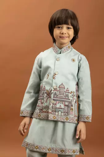 sky blue viscose silk embroidered boys kurta set with jacket & pant