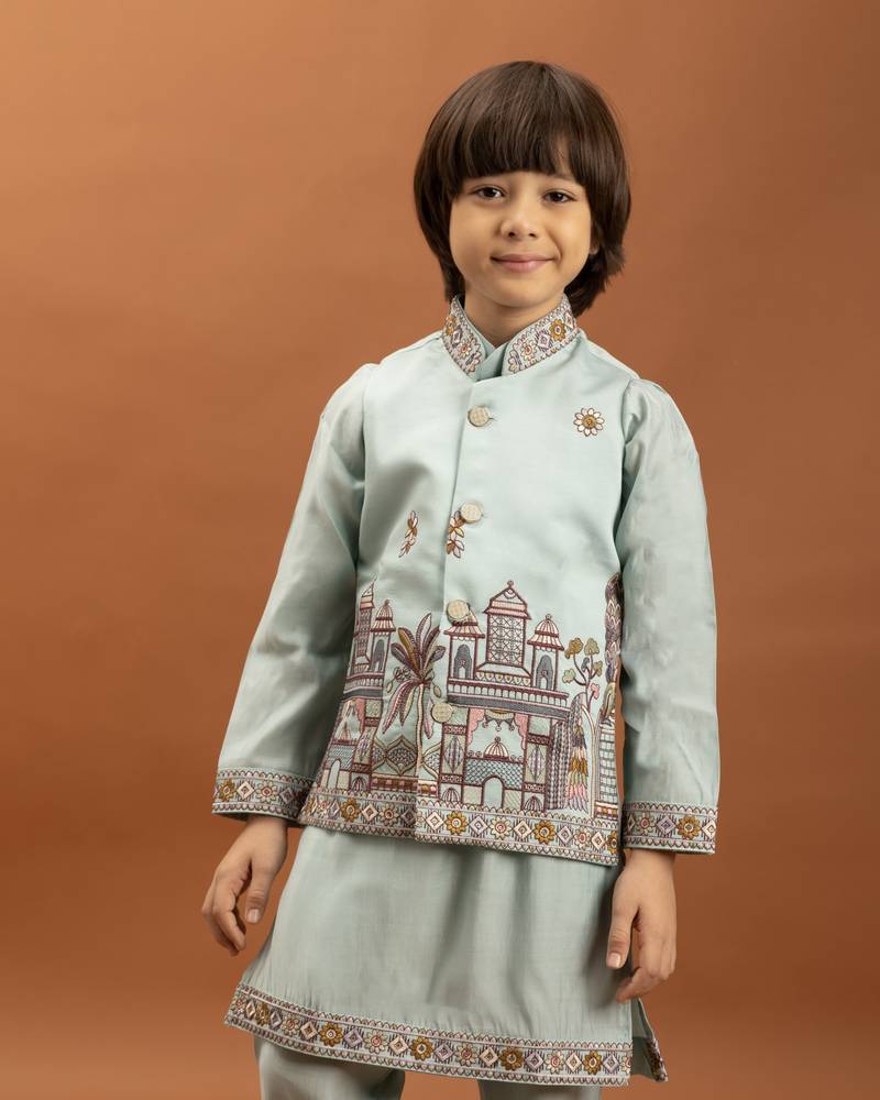 sky blue viscose silk embroidered boys kurta set with jacket & pant