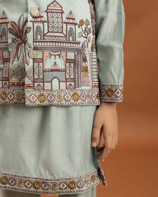 sky blue viscose silk embroidered boys kurta set with jacket & pant 3