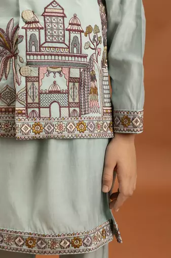 sky blue viscose silk embroidered boys kurta set with jacket & pant