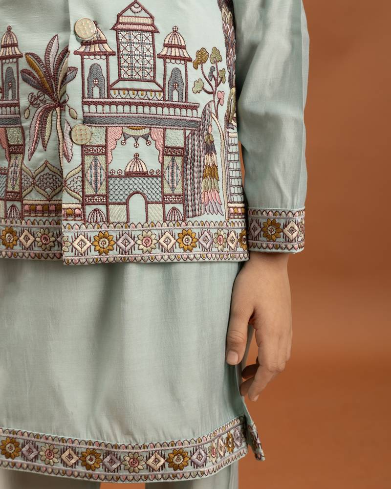 sky blue viscose silk embroidered boys kurta set with jacket & pant