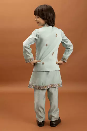sky blue viscose silk embroidered boys kurta set with jacket & pant