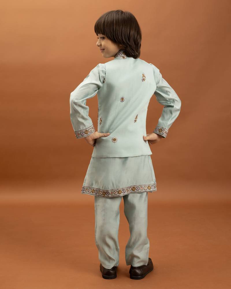 sky blue viscose silk embroidered boys kurta set with jacket & pant