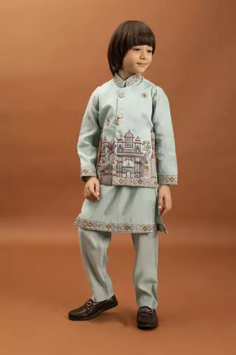 sky blue viscose silk embroidered boys kurta set with jacket & pant