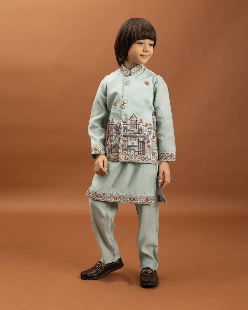 sky blue viscose silk embroidered boys kurta set with jacket & pant