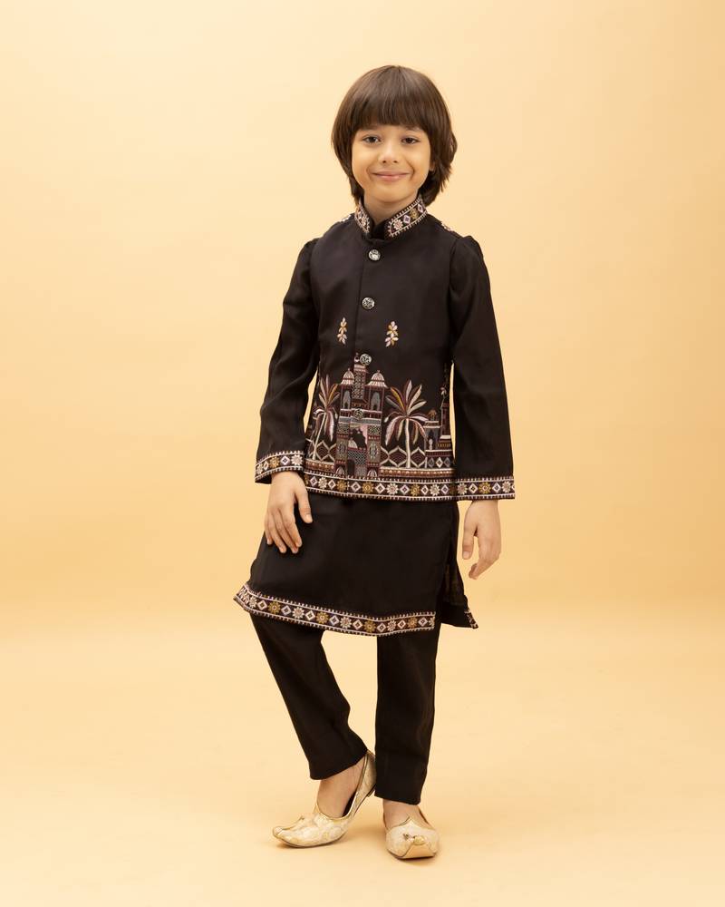 Black  viscose silk nehru jacket set with sequins embroidered work