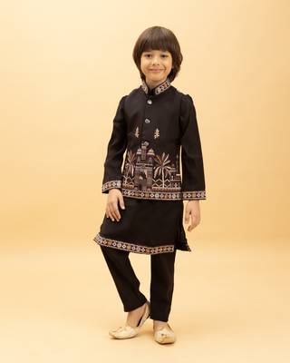 black viscose silk embroidered boys kurta set with jacket & pant 1