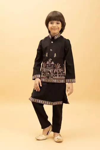 Black  viscose silk nehru jacket set with sequins embroidered work