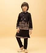 black viscose silk embroidered boys kurta set with jacket & pant