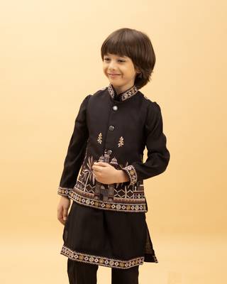 black viscose silk embroidered boys kurta set with jacket & pant 2
