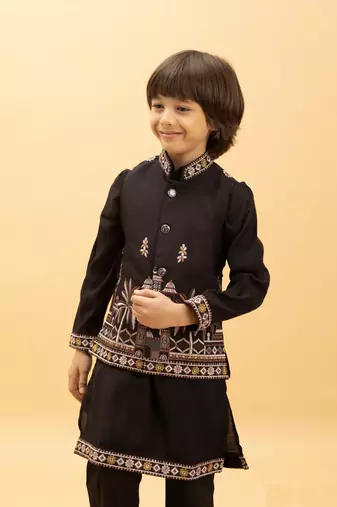 black viscose silk embroidered boys kurta set with jacket & pant