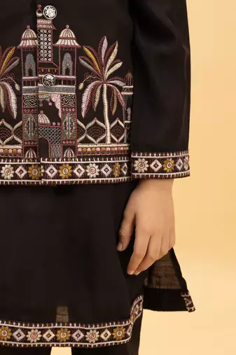 black viscose silk embroidered boys kurta set with jacket & pant