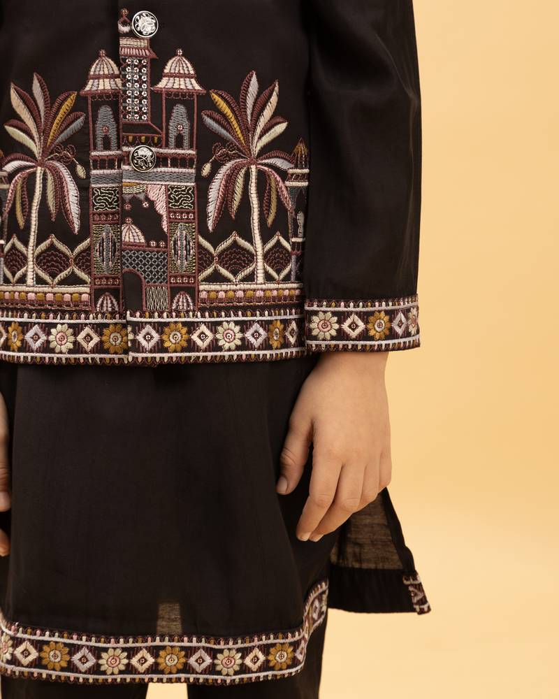 black viscose silk embroidered boys kurta set with jacket & pant