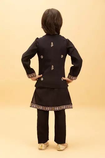 black viscose silk embroidered boys kurta set with jacket & pant