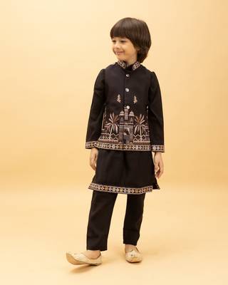 black viscose silk embroidered boys kurta set with jacket & pant 5
