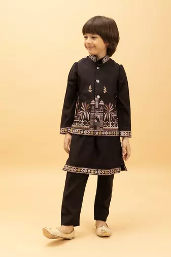 black viscose silk embroidered boys kurta set with jacket & pant