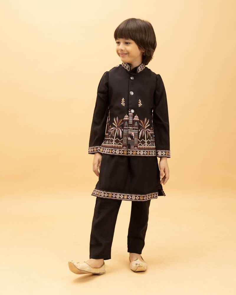 black viscose silk embroidered boys kurta set with jacket & pant