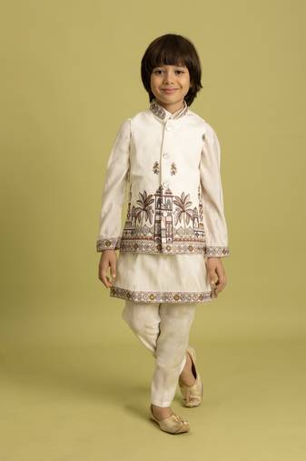 white viscose silk embroidered boys kurta set with jacket & pant