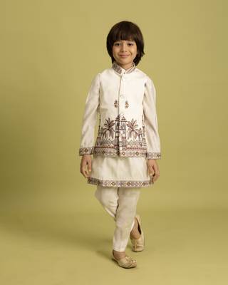 white viscose silk embroidered boys kurta set with jacket & pant 1