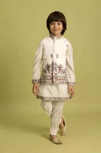 White viscose silk nehru jacket set with sequins embroidered work