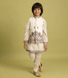 white viscose silk embroidered boys kurta set with jacket & pant
