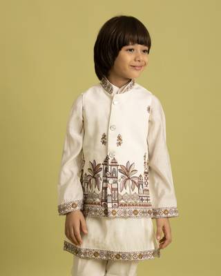 white viscose silk embroidered boys kurta set with jacket & pant 2