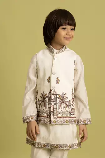 white viscose silk embroidered boys kurta set with jacket & pant