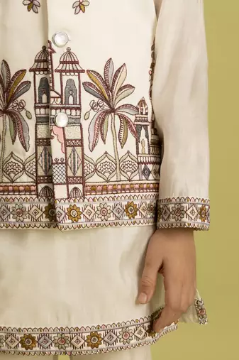 white viscose silk embroidered boys kurta set with jacket & pant